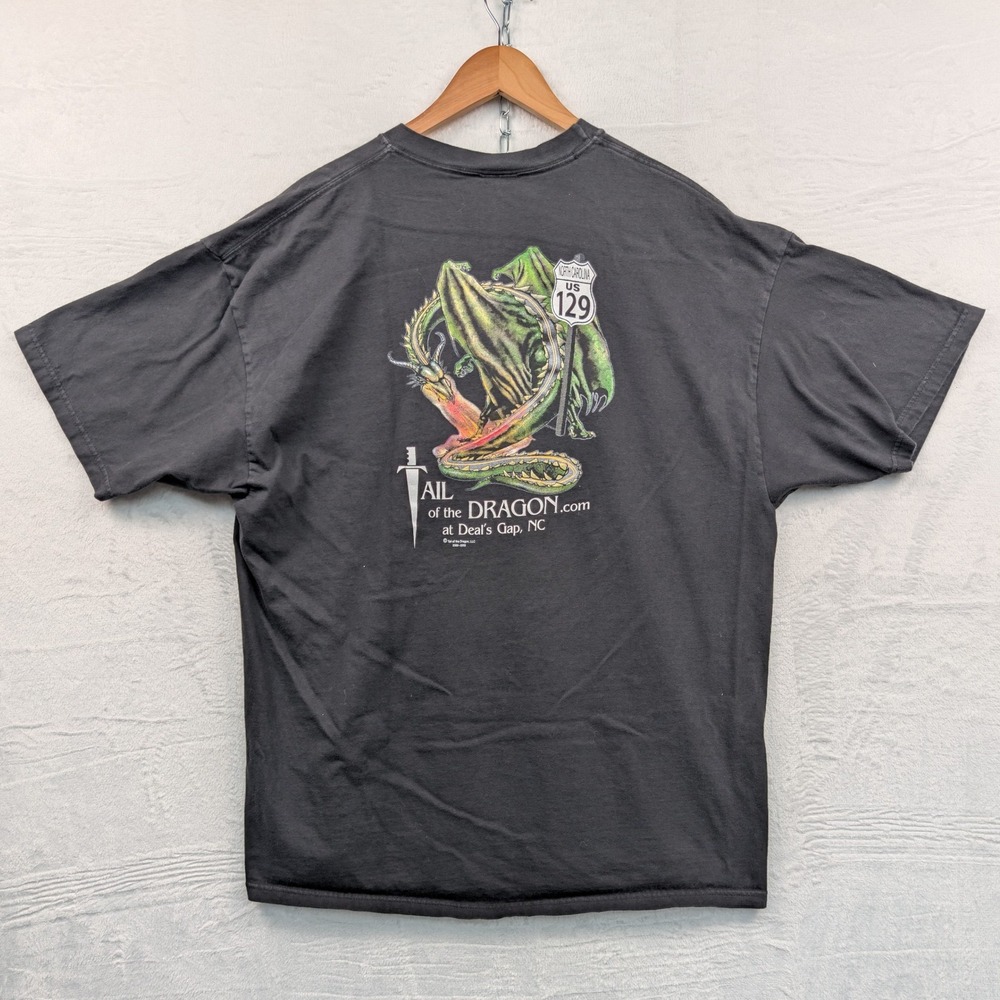 VTG Hanes T-Shirt Men's 2XL Black Tail of the Dragon Biker Motorcycle US 129 Y2K